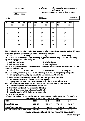 Đề khảo sát tuần 25 môn Địa lý Lớp 12 - Mã đề 001 - Năm học 2018-2019